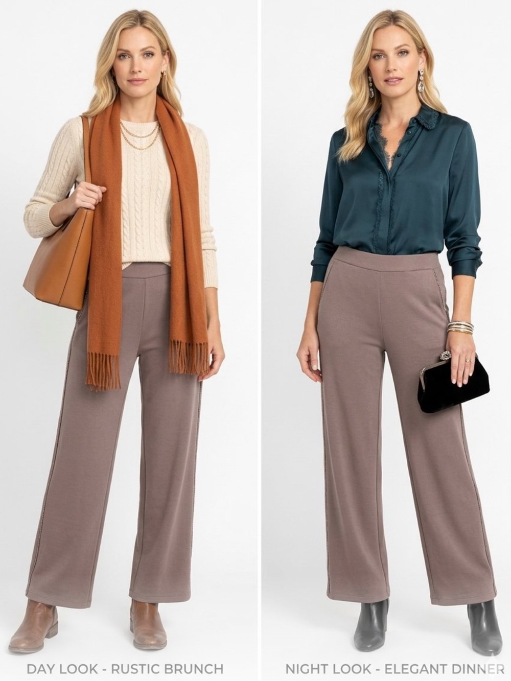 Tahari Brown Wide-Leg Fine Beading Trim Knit Pants SP Reg S